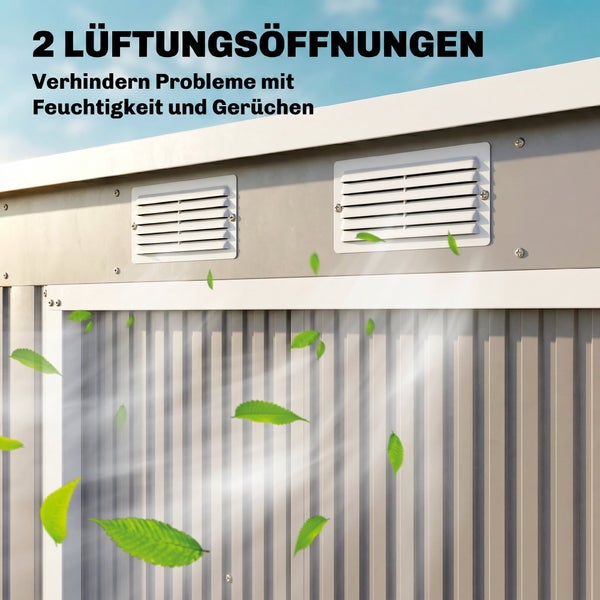 Zwei Lüftungsöffnungen an einem Gerätehaus aus Metall für optimale Luftzirkulation zur Vermeidung von Feuchtigkeit und Gerüchen.