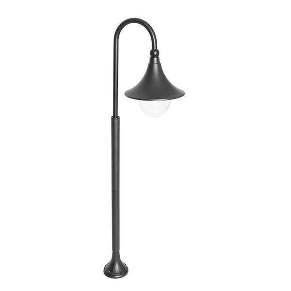 Schwarze Außen-Wegeleuchte mit gebogenem Hals, glockenförmigem Schirm und klarem Glasdiffusor.