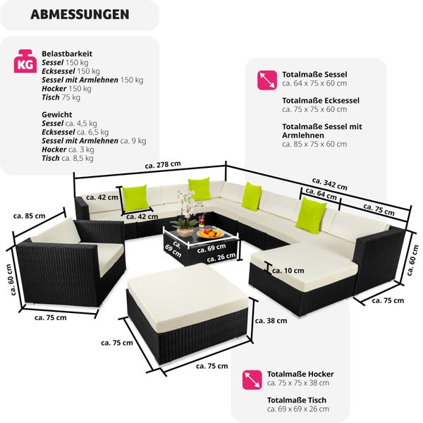 Rattan Lounge tectake Las Vegas mit Sicherheitsglasplatte mit Aluminiumgestell schwarz