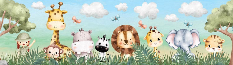 Kindertapete im Aquarell-Stil mit Safari-Tieren wie Giraffe, Affe, Löwe, Elefant, Tiger, Zebra, Flusspferd und einem Mädchen in Forscher-Kleidung.