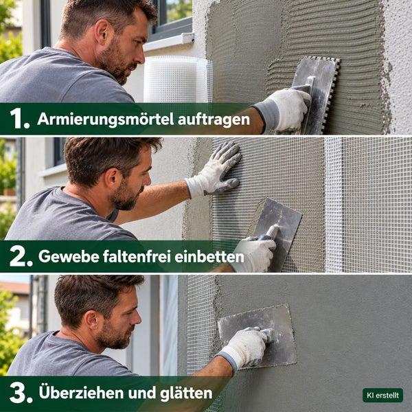 Anleitung in drei Schritten zum Auftragen von Armierungsmörtel, Einbetten von Armierungsgewebe und Glätten der Fassadenoberfläche.