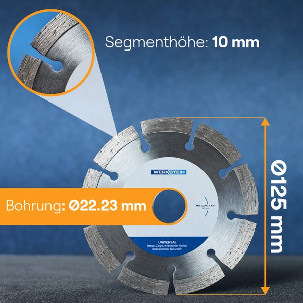 WERKSTEIN Extrem langlebige Diamantscheibe 125mm x 22,23mm x 10mm I Universal Diamanttrennscheibe 125 mm zum Schneiden von Stein, Beton, Ziegel uvm. I Trennscheibe 125 Stein für Winkelschleifer