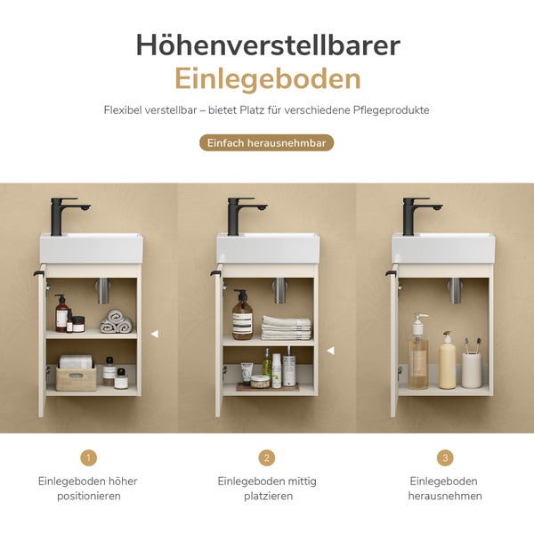 Infografik zum höhenverstellbaren Einlegeboden eines Waschbeckenunterschranks mit drei Anwendungsbeispielen zur flexiblen Stauraumnutzung.