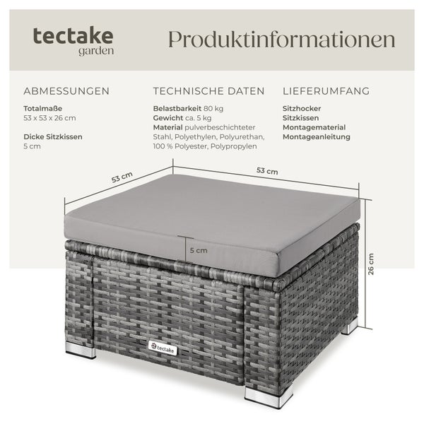 Rattan Sitzhocker tectake Bitonto 53 x 53 x 26 cm widerstandsfähig grau