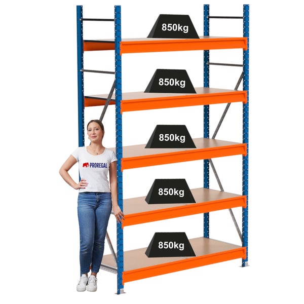 Schwerlastregal mit fünf Ebenen und einer Traglast von 850 Kilogramm pro Ebene