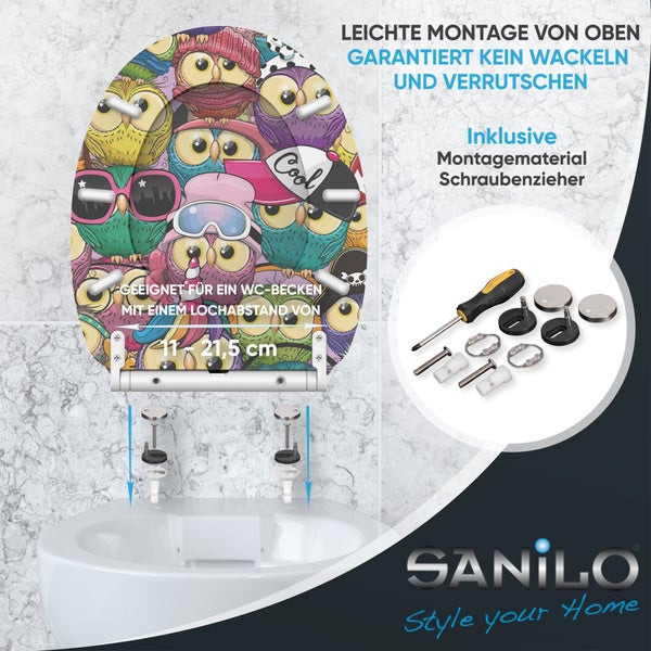 Sanilo Toilettensitz mit Eulen-Motiv, Montage von oben, inklusive Montagematerial und Schraubenzieher, Lochabstand 11 bis 21,5 Zentimeter.
