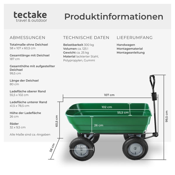 Gartenwagen tectake Tummi Belastbarkeit 300 kg mit Kippfunktion grün
