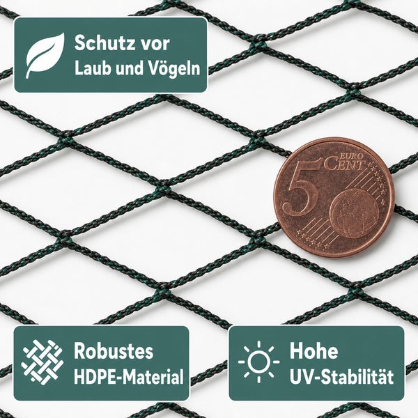 Teichnetz aus robustem HDPE mit Maschenweite im Vergleich zu einer 5 Cent Münze, bietet Schutz vor Laub und Vögeln sowie hohe UV Beständigkeit.