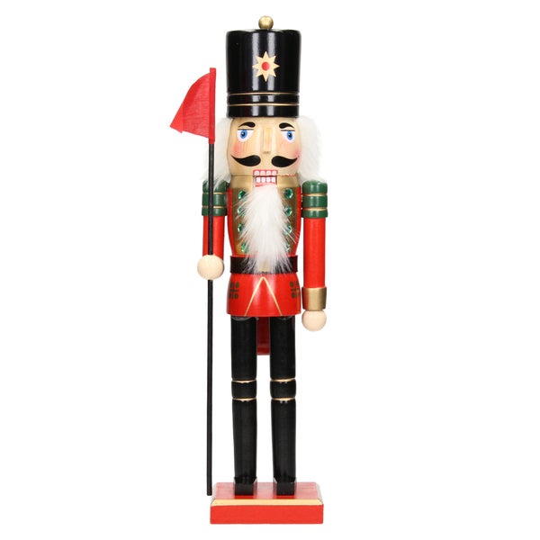 ECD Germany Nussknacker Figur Soldat 38cm mit schwarzer Hut, Fahne, aus Holz, Unikat, handbemalt, Weihnachten Holzfigur Puppet Marionette Ornament Traditioneller Nussbrecher Weihnachtsdeko Deko Statue