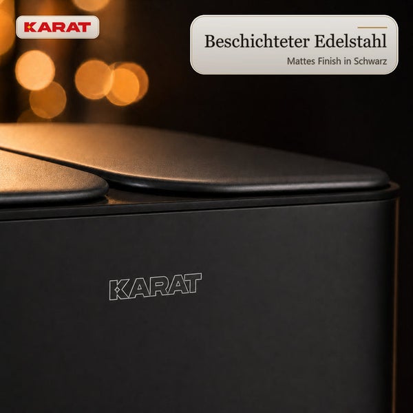 Detailansicht eines Karat Abfallbehälters aus beschichtetem Edelstahl mit matter Oberfläche.