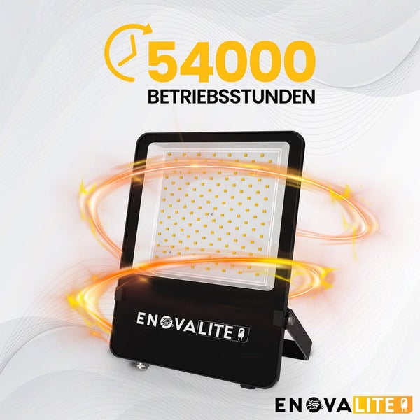 Enovalite Logo mit Hinweis auf 54000 Betriebsstunden des LED Strahlers