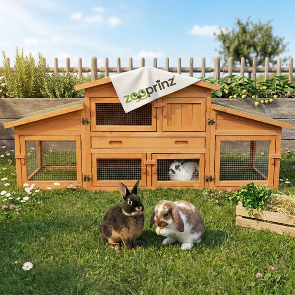 Zooprinz Logo. Doppelstöckiger Kleintierstall aus Holz mit Freilaufgehege auf einer Wiese im Garten mit Kaninchen davor.