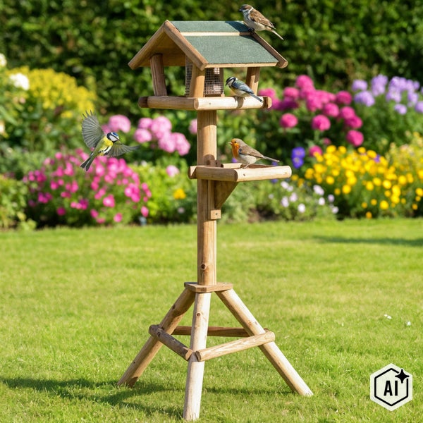 Holz Vogelfutterhaus mit Ständer auf einer Gartenwiese, besetzt mit verschiedenen Vögeln, in einer naturnahen Gartenumgebung mit Blumenbeet.