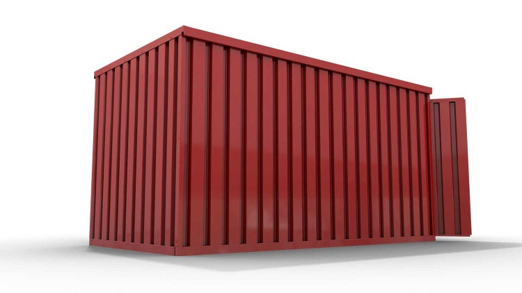 Lagercontainer Gerätehaus XXL  – 12 qm, H2150 x B6080 x T2170 mm, Außenwandlackierung RAL 3000 feuerrot, Dach außen verzinkt, mit Holzfußboden, 1830 mm Doppelflügeltür mittig in Stirnseite, montiert