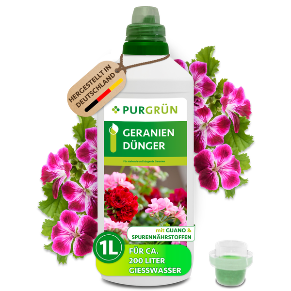 Purgrün Geraniendünger mit Guano und Spurennährstoffen, 1 Liter Flasche für circa 200 Liter Wasser, inklusive Messbecher, hergestellt in Deutschland.