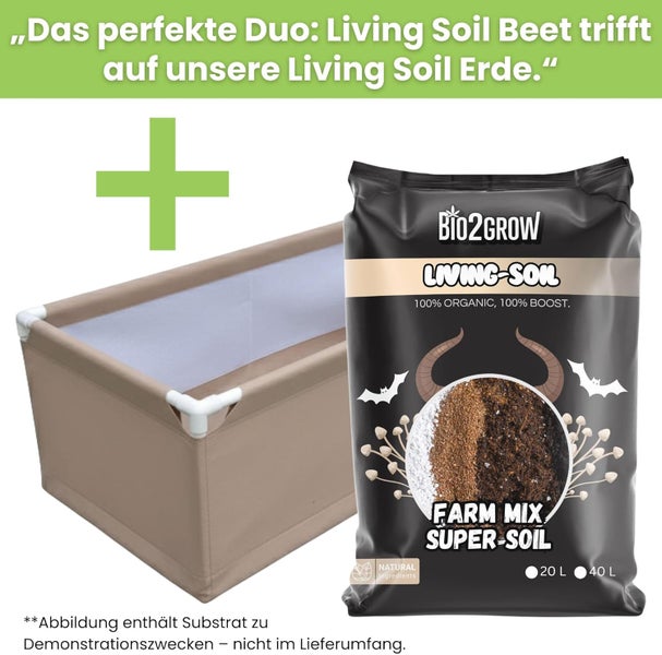 Ein beiger Hochbeet-Aufsatz und eine Packung Bio2Grow Living Soil Farm Mix Super-Soil.
