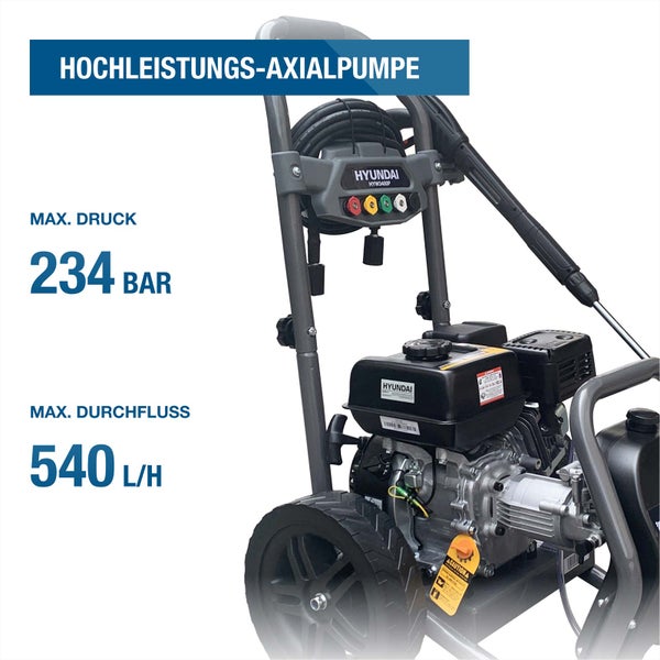 Hyundai Hochdruckreiniger mit Axialpumpe, maximaler Druck 234 Bar und Durchflussmenge 540 Liter pro Stunde.