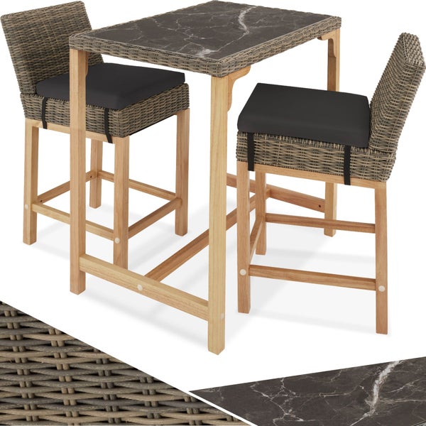 Rattan Tisch Kutina mit 2 Stühlen Latina tectake  Beine aus Holz mit Aluminiumgestellen natur