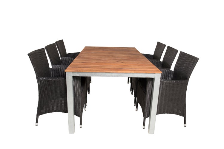 Zenia Gartenset Tisch 100x200cm und 6 Stühle Knick schwarz, natur, silber. 100 X 200 X 74 cm