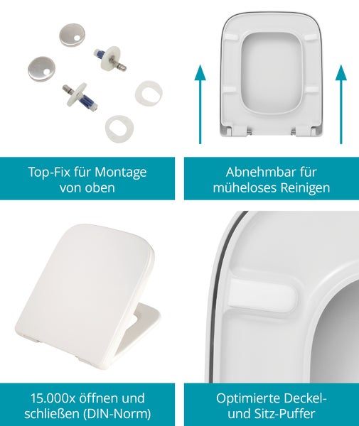 Funktionsübersicht eines WC Sitzes mit Top Fix Befestigung, abnehmbarem Deckel, geprüfter Langlebigkeit und optimierten Puffern.