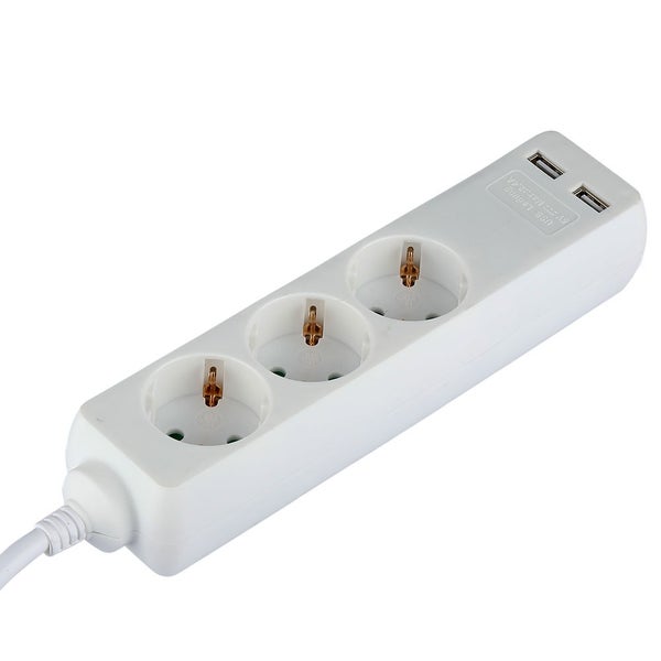 Weiße Steckdosenleiste mit 3 Steckplätzen und 2 USB-Anschlüssen aus Kunststoff.