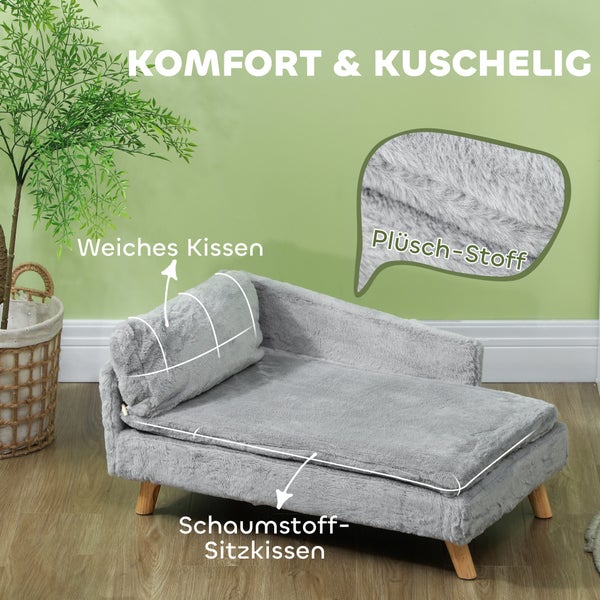 PawHut Hundesofa für mittelgroße Hunde, Hundebett mit abnehmbarem und waschbarem Kissen, Haustiersofa mit Holzbeine, mit Erhöhtem Design, 20 kg, Hellgrau