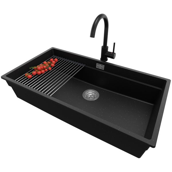 PRIMAGRAN Unterbauspüle Granit Schwarz Metallic 86x47cm, Spülbecken 1 Becken + Küchenarmatur 32x20cm + Ablauf-Set + Aufrollbare Abtropffläche, Granitspüle ab 90er Unterschrank - Praga