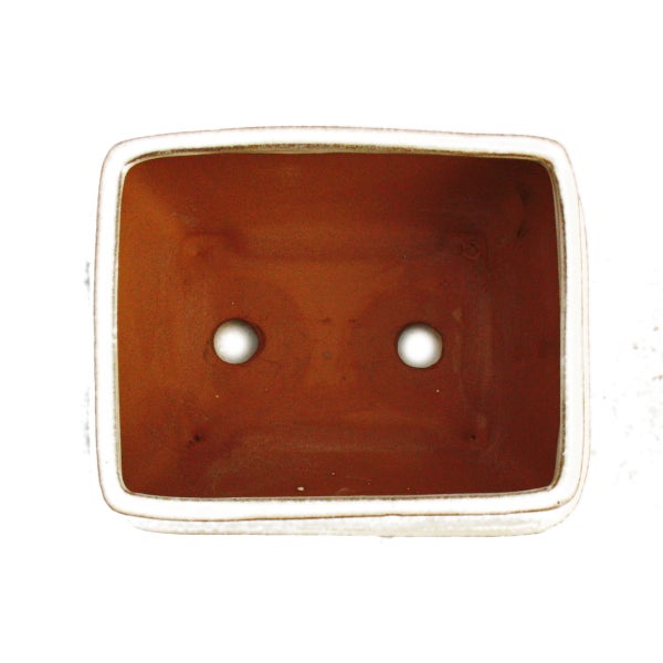 Rechteckige Bonsaischale aus Keramik, Draufsicht auf die Innenseite mit zwei Entwässerungslöchern.