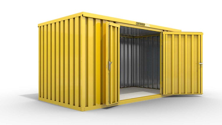 Lagercontainer Gerätehaus M  – 6 qm, H2150 x B3050 x T2170 mm, Außenwandlackierung RAL 1003 signalgelb, Dach außen verzinkt, mit Holzfußboden, 1830 mm Doppelflügeltür mittig in Breitseite, montiert