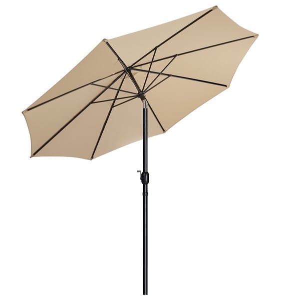 Beiger Sonnenschirm mit schwarzem Gestell für den Außenbereich