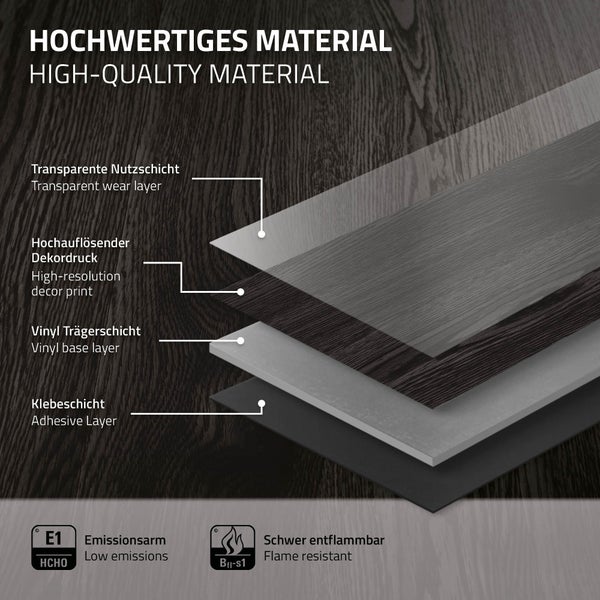 ML-Design Deluxe PVC Bodenbelag, Selbstklebende Vinyl-Dielen, Vinylboden, 91,5 cm x 15,3 cm x 2 mm, Dicke 2mm, 4,46m²/32 Dielen, Eiche Dunkelgrau, Holzoptik, rutschfest, wasserfest, Einfache Verlegung