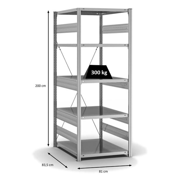 PROREGAL Fachbodenregal Stecksystem T-Profil Heavy-Duty Grundregal HxBxT 200 x 75 x 80 cm 5 Ebenen Fachlast 300 kg Einseitig Nutzbar Verzinkt