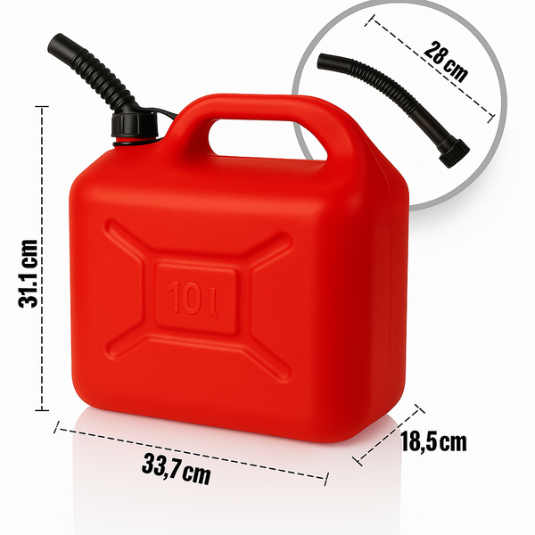 Roter 10 Liter Kraftstoffkanister mit Einfüllstutzen und Maßangaben