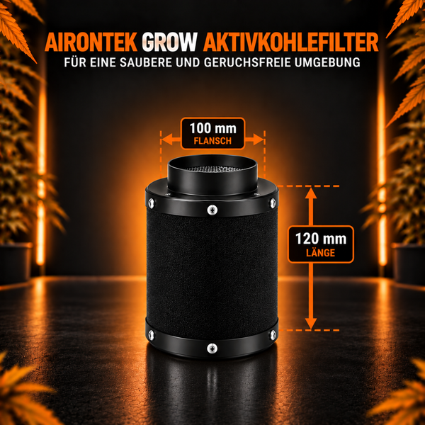 Airontek Grow Aktivkohlefilter mit 100 Millimeter Flansch und 120 Millimeter Länge für eine geruchsfreie Umgebung in der Pflanzenzucht.