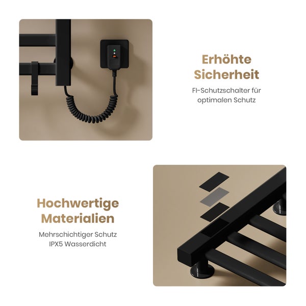 Elektrischer Handtuchheizkörper mit integriertem FI-Schutzschalter am Stecker und mehrschichtigem Aufbau, IPX5 wasserdicht für erhöhte Sicherheit.