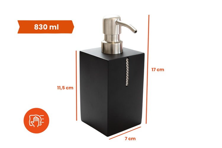 Schwarzer Seifenspender mit Strassstreifen, Fassungsvermögen 830 Milliliter, Höhe 17 Zentimeter, Breite 7 Zentimeter, manuelle Bedienung.