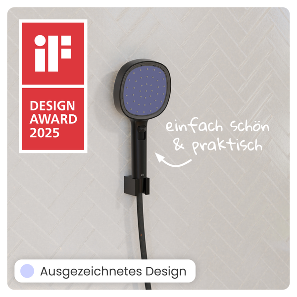 Handbrause in Wandhalterung mit iF Design Award 2025 Siegel.