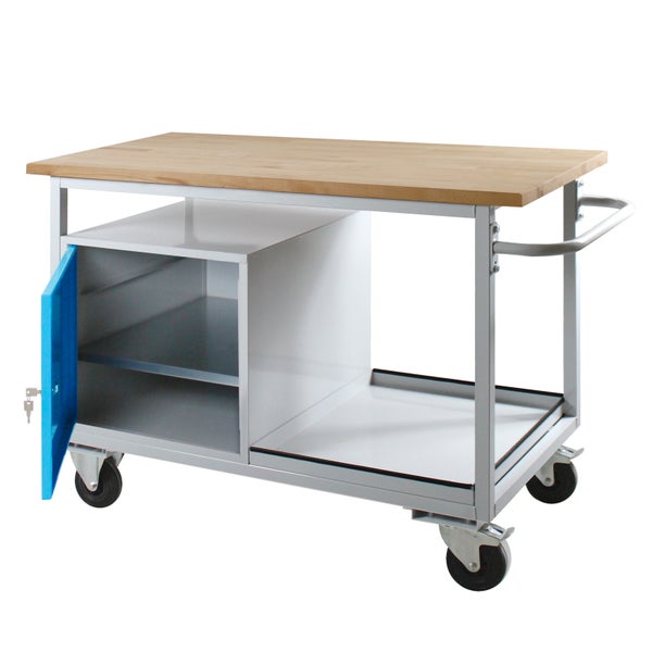 PROREGAL Mobile Werkbank Light Rhino mit Ablagefach 1 Tür HxBxT 85 x 130 x 60 cm 2 Lenkrollen 2 Bockrollen Traglast 300 kg Lichtgrau Blau