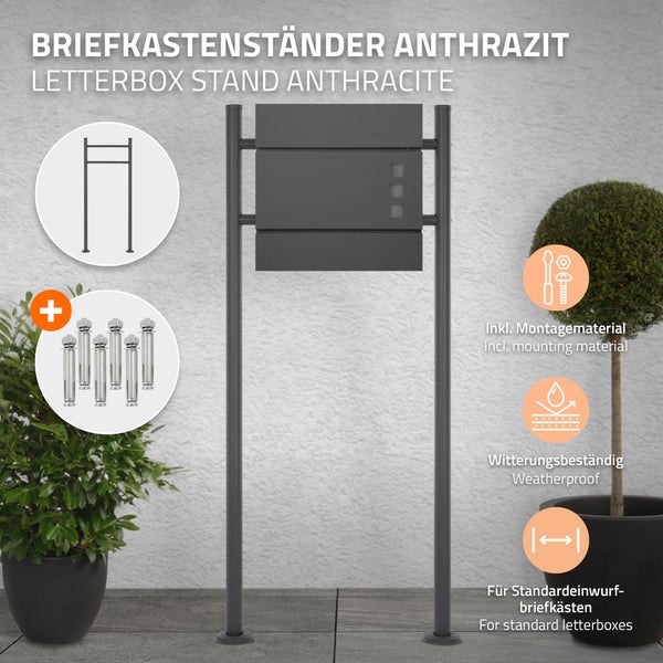Briefkastenständer in Anthrazit mit Briefkasten, inklusive Montagematerial, witterungsbeständig, für Standardbriefkästen.