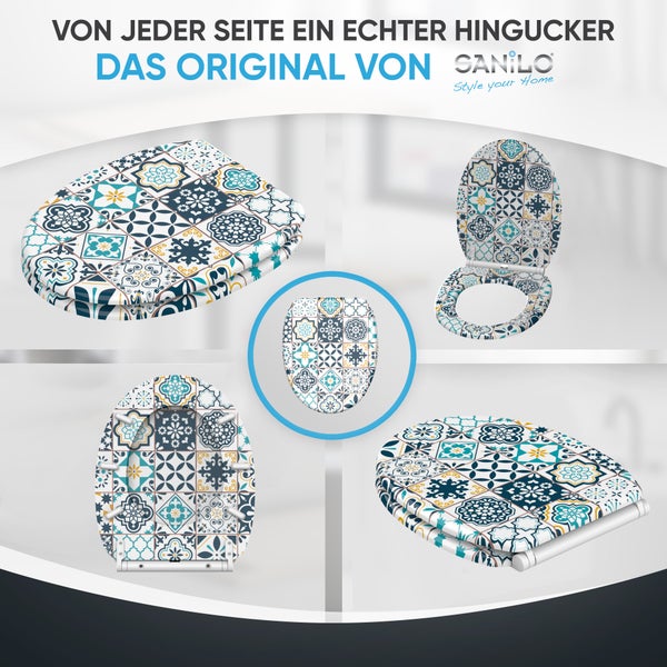 Sanilo WC-Sitz mit Kachelmuster aus verschiedenen Perspektiven: geschlossen, offen und von der Unterseite. Sanilo Logo.