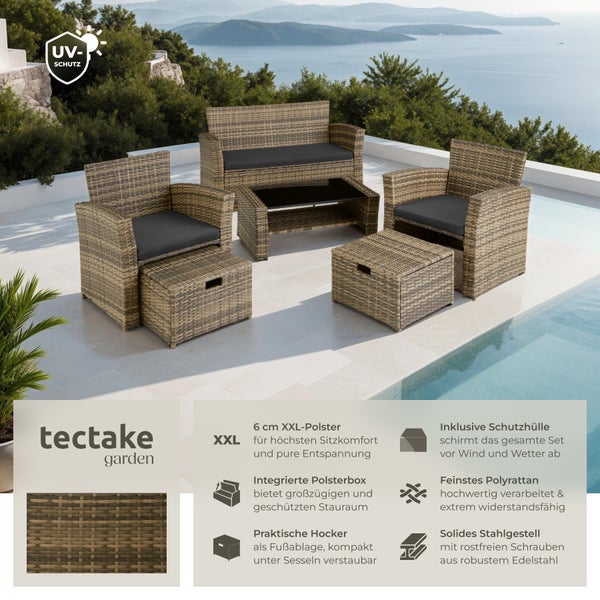 Rattan Sitzgruppe tectake Modena inklusive Staufach und Schutzhülle für 4 bis 6 Personen natur