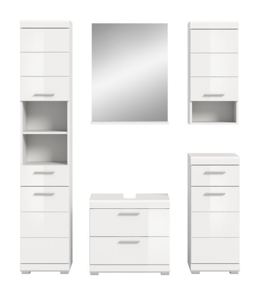 Modernes Badezimmermöbel-Set in Hochglanz-Weiß bestehend aus Hochschrank, Waschbeckenunterschrank, Spiegel, Hängeschrank und Unterschrank.