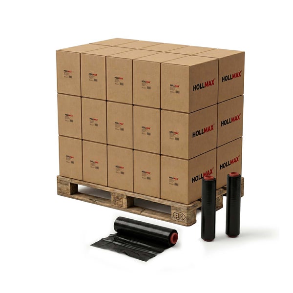 Rollen mit schwarzer Stretchfolie vor einer beladenen Europalette mit Kartons. Hollmax Logo auf den Kartons.