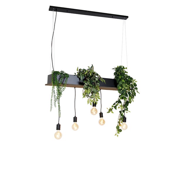 Hängeleuchte mit Pflanzregal für vier Leuchtmittel in modernem Design mit Metallgestell.