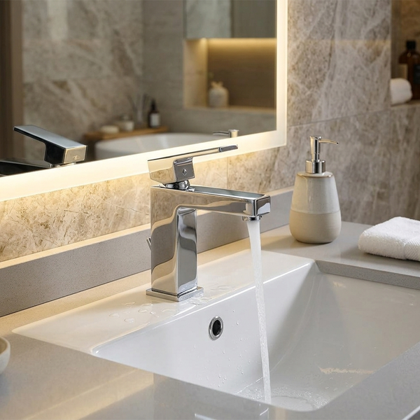 Einhebel-Waschtischarmatur in Chrom mit fließendem Wasser auf einem weißen Waschbecken in einem hellen, modern gefliesten Badezimmer.