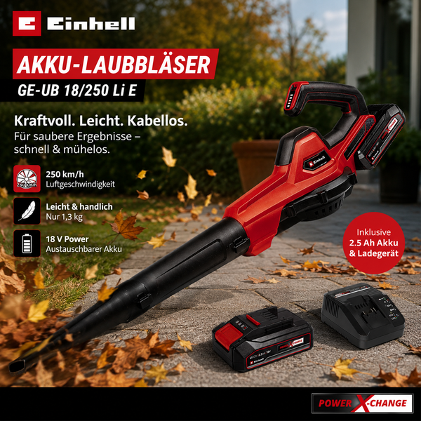 Einhell Akku-Laubbläser GE-UB 18/250 Li E inklusive 2,5 Amperestunden Akku und Ladegerät auf einem gepflasterten Weg mit Laub. Einhell Logo.