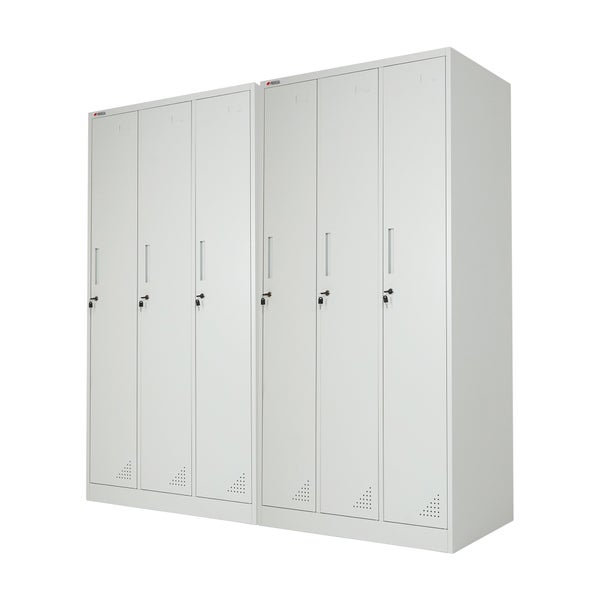 Grauer sechsteiliger Metallspind von Proregal mit Zylinderschlössern und Belüftungsschlitzen.