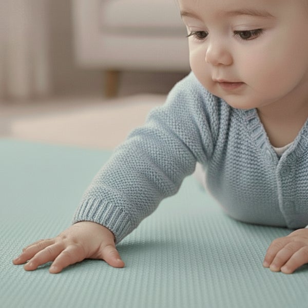 Ein Baby auf einer hellblauen, strukturierten Spielmatte.