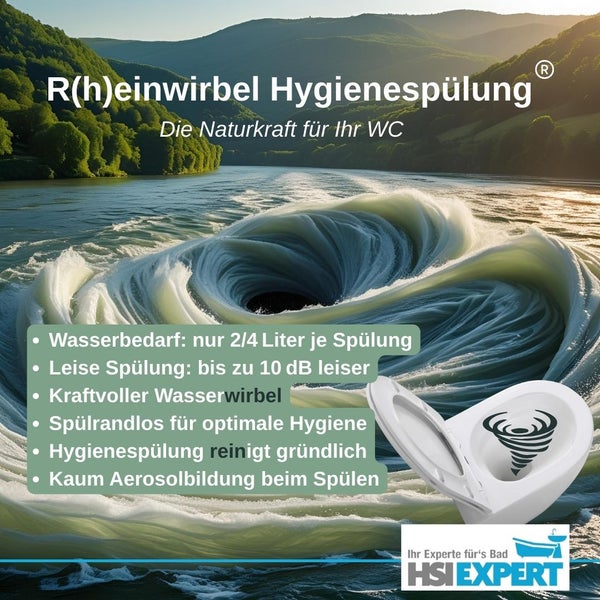 Darstellung einer Toilette mit R(h)einwirbel Hygienespülung und zugehörigen Vorteilen.