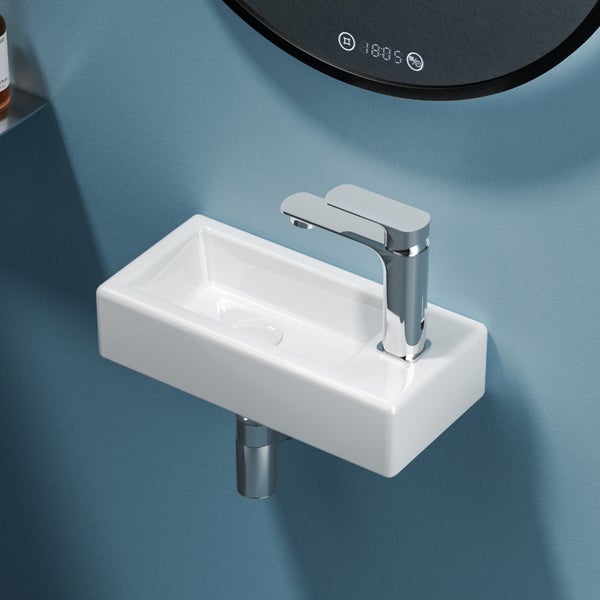 EMKE Wandwaschbecken 405×205 mm mit vorgebohrtem Hahnloch, Rechteckig, glänzend Weiß, Keramik, pflegeleicht & feuchtigkeitsbeständig für das Badezimmer, Höhe 105 mm